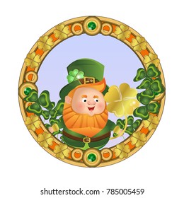 Lovely leprechaun in green hat and suit holds a gold four-leafed clover. Round frame with emeralds and clover leaves. St.Patrick 's Day. Vector character.