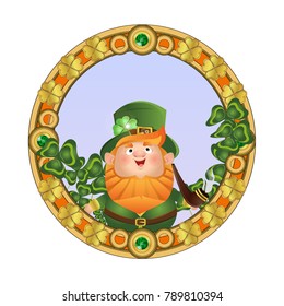 Lovely leprechaun in green hat and suit holds a brown smoking pipe with a gold ornament. Round frame with emeralds and clover leaves. St.Patrick's Day. Vector character.