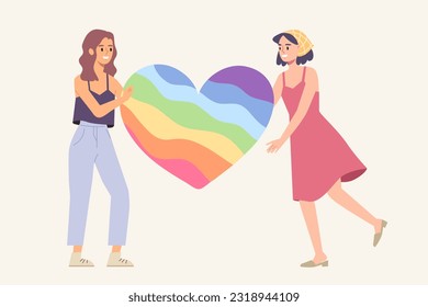 Lovely lesbian couple holding big rainbow heart. Concept of pride month, homosexuality, equality, love wins, relationship. Flat vector illustration.