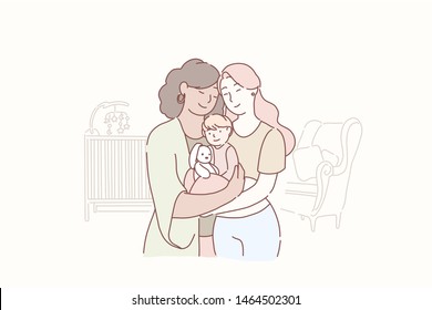 Agradable familia lesbiana. Dos mujeres adultas y un pequeño bebé, juntos en la habitación de los niños en casa. Una pareja homosexual con un bebé. Diseño plano de caricatura, Ilustración vectorial aislada.