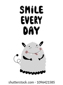 Lovely Lettering Monochrome Scandinavian kids doodles Nursery poster with wild animal hand drawn Happy monster alien in grey color.