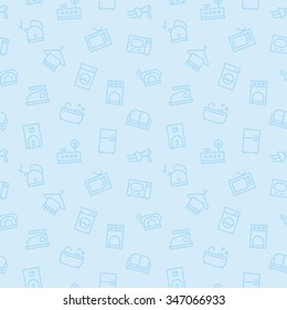 lovely light blue seamless pattern for web with flat apartment equipments elements: kettle, iron, phone...