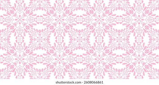 Lovely light pink vector hand drawn round shapes seamless pattern with decorative motif. Cute hearts, flower and leaves ornament print for textile design, wrapping paper, surface
