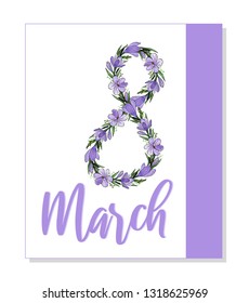 Lovely lilac 8 march holiday postcard design template. Elegant banner , flyer or poster for International Women Day. Vector illustration of beautiful purple crocuses and herbs on white background