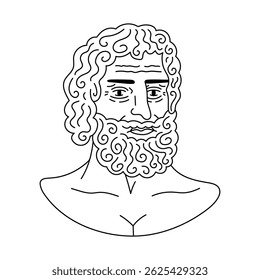 Lovely line doodle Greek sculpture of god Jupiter or Zeus bust. Hand drawn antique silhouette of old man with beard. Ancient head statue. Trendy scribble marble monument of Roman heritage