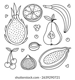 Lovely line doodle set with exotic fruits and berries. Hand drawn dragon fruit, papaya, fig, orange for postcard, branding design, media, print. Tropical and farming food collection isolated on white.