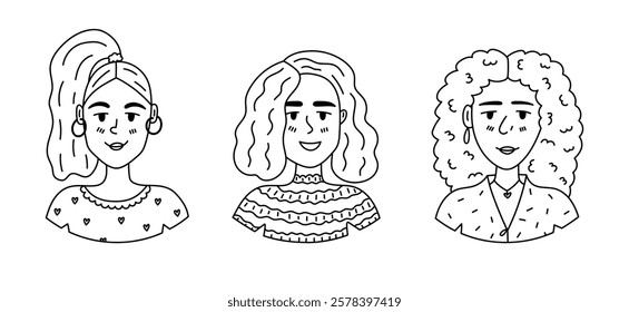 Lovely line doodle set with happy smiling women with different hairstyle, clothes, jewelry. Cute hand drawn outline lady character portrait for social media avatar, International Womens Day poster