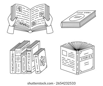 Lovely line doodle set with open book in hands with pictures, paragraphs, love story, fiction standing in row. Hand drawn back to school concept for reading, studying isolated on white background.
