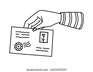 Lovely line doodle women hand holding envelope with postage stamp, marks, place for address and index. Hand drawn letter in lady arm to put it in mailbox, send via post office isolated on background.