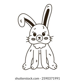 Lovely line Easter bunny with bent down ear standing and smiling. Childish hand drawn furry rabbit as symbol of Easter egg hunt at traditional springtime holiday. Spring doodle for poster, card.