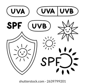 Lovely line set with SPF protection symbols. Childish hand drawn doodle with shield with sun, bubbles with UVA and UVB signs for sunblock, sunscreen product isolated on white background.