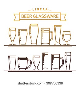 Lovely linear flat design vector beer glassware set. Ideal for graphic and motion design in bars and restaurants industry. Featuring stout, lager, porter, ale, pilsner and other beer glasses