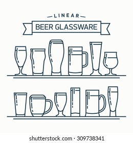 Lovely linear flat design vector beer glassware set | Various types of beer glasses, mugs and goblets in trendy outline style featuring stout, lager, porter, ale, pilsner and other beer glasses