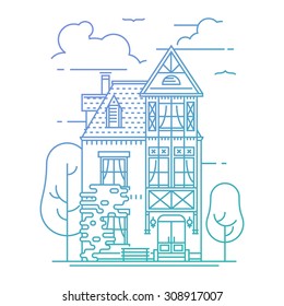 Lovely linear town building facade | Thin line urban illustration featuring beautiful house with mezzanine attic, trees and clouds