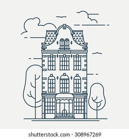 Lovely linear town building facade | Thin line urban graphic and web design element featuring beautiful house with mezzanine attic, trees and clouds
