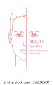 Lovely linear vector concept design on Beauty specialists. Web banner, poster template on beauty, facial skin care with female line portrait. Ideal for beauty salons and shops, spa and clinics