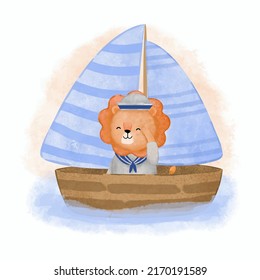 Lovely lion in sailor uniform sitting in sailboat in the sea, Cartoon character in watercolor painting style, vector illustration