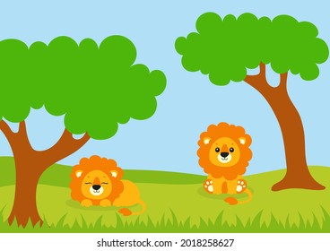 Lovely lions are sitting in a forest clearing. Colored vector illustration.