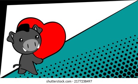 lovely little baby chibi boar cartoon, holdig big love red heart, background illustration in vector format