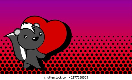 lovely little baby chibi skunk cartoon, holdig big love red heart, background illustration in vector format