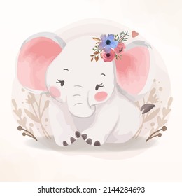 Lovely Little Baby Elephant sitting in forest. Nursery watercolor animal with flower wreath