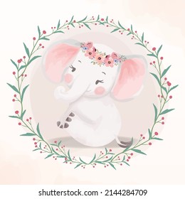 Lovely Little Baby Elephant sitting in forest. Nursery watercolor animal with circle flower wreath