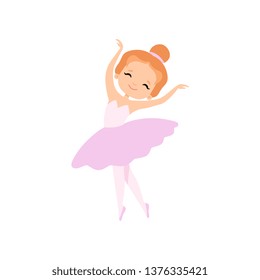 Lovely Little Ballerina Dancing, Girl Ballet Dancer Character in Pink Tutu Dress Vector Illustration