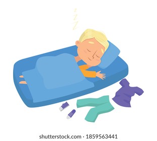 Lovely Little Boy Sleeping Sweetly in his Bed, Bedtime, Sweet Dreams of Adorable Kid Concept Cartoon Style Vector Illustration