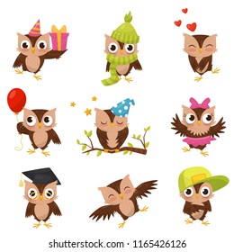 Lovely little brown owlets set, cute bird cartoon character in different situations vector Illustration on a white background