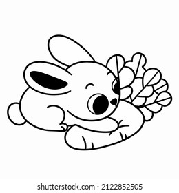 Lovely Little Bunny Playing With Carrot Coloring Page Doodle Vector Illustration