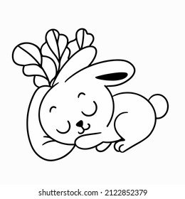 Lovely Little Bunny Sleeping Coloring Page Doodle Vector Illustration