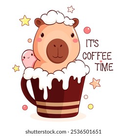 Pequeño capibara encantador en taza. Tarjeta cuadrada con animal lindo en taza en estilo kawaii. Inscripción Es la hora del café. Se puede utilizar para la impresión de la camiseta, pegatinas, diseño de la tarjeta de felicitación. Vector EPS8