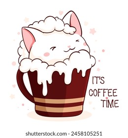 Lovely little cat in cup. Square card with cute animal in cup in kawaii style. Inscription It's coffee time. Can be used for t-shirt print, stickers, greeting card design. Vector illustration EPS8