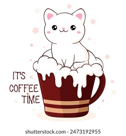 Lovely little cat in cup. Square card with cute animal in cup in kawaii style. Inscription It's coffee time. Can be used for t-shirt print, stickers, greeting card design. Vector illustration EPS8