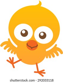 Lovely little chick with yellow feathers, bulging eyes, orange beak, short wings and playful attitude while staring at you, flapping enthusiastically and smiling sweetly