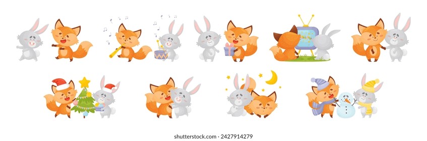 Lovely Little Fox and Bunny Cub Having Fun Together Vector Set