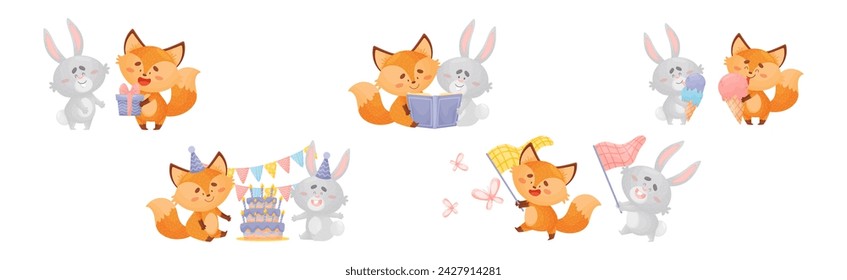 Lovely Little Fox and Bunny Cub Having Fun Together Vector Set