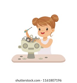 Lovely little gill creating smart robot, robotics and programming for kids, futuristic artificial intelligence vector Illustration on a white background