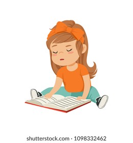 Lovely little girl character sitting on the floor and reading a book vector Illustration on a white background