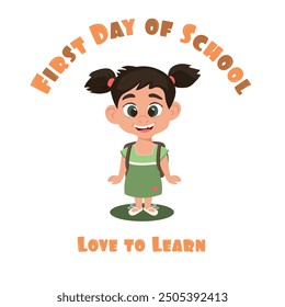 Lovely little girl with a cheerful smile, wearing a green dress and white ballet pumps. Love to learn. First day of school. Cute joyful schoolgirl character for flyer, website, poster, leaflet, card