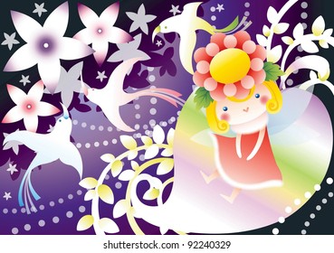 Lovely little Girl and Fantastic Fairytale World - happy smiling with a cute kid in the beautiful natural flower garden on purple background : vector illustration