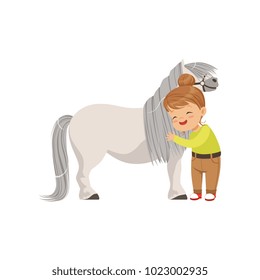 Lovely little girl hugging pony horse, kid taking care of her animal vector Illustration