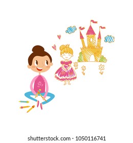 Lovely little girl sitting on the floor and drawing castle and princess with color pencils on the wall, young artist, kids activity routine vector Illustration