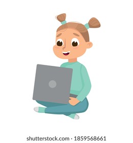 Lovely Little Girl Sitting on Floor with Crossed Legs Using Laptop Computer, Online Education or Course, Kid Programmer Character Cartoon Style Vector Illustration