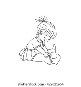Lovely little girl trying to put on socks. Vector illustration.