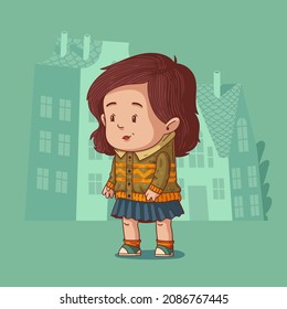 Lovely little girl. Vector illustration of nice little girl wearing a shirt, cardigan and pleated skirt standing still against buildings' silhouettes. Happy child character, cute kid, nice toddler