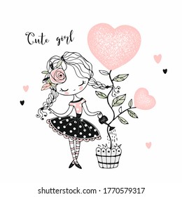 Lovely little girl watering a tree in the form of a heart in a pot. Valentine. Vector