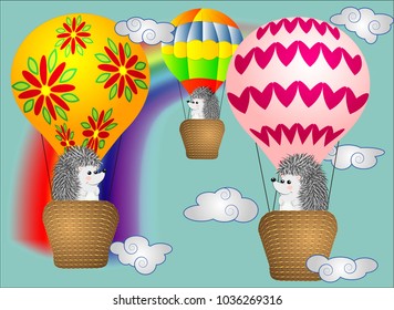 Lovely little hedgehogs fly into cartoons, large bulky balloons in the sky amidst white clouds and a rainbow. Flying, happiness, freedom
