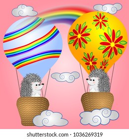 Lovely little hedgehogs fly into cartoons, large bulky balloons in the sky amidst white clouds and a rainbow. Flying, happiness, freedom