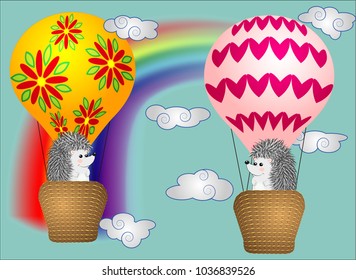 Lovely little hedgehogs fly into cartoons, large bulky balloons in the sky amidst white clouds and a rainbow. Flying, happiness, freedom